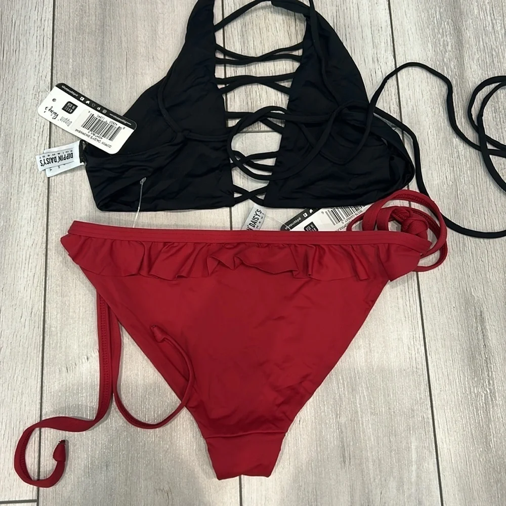 Dippin' Daisy's black burgundy two piece swimsuit bikini set size small